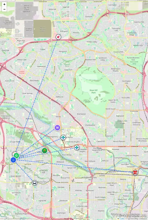 Daily accessibility map for 8565 WENTWORTH DR SW, Calgary showing nearby schools, grocery stores, parks, LRT stations and nearby amenities