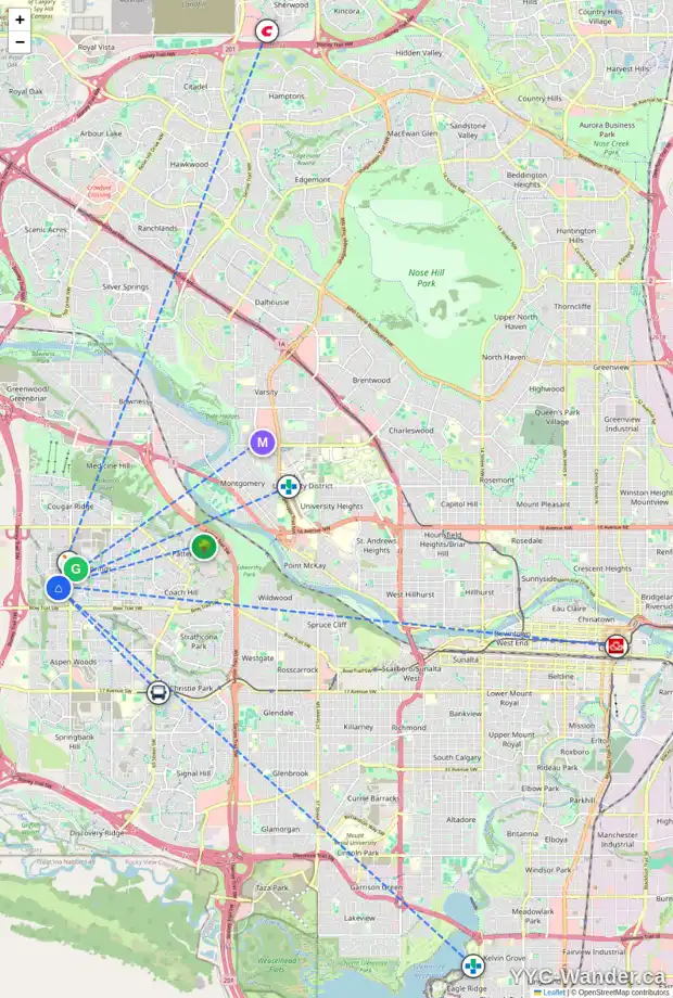 Daily accessibility map for 1105 WENTWORTH VW SW, Calgary showing nearby schools, grocery stores, parks, LRT stations and nearby amenities