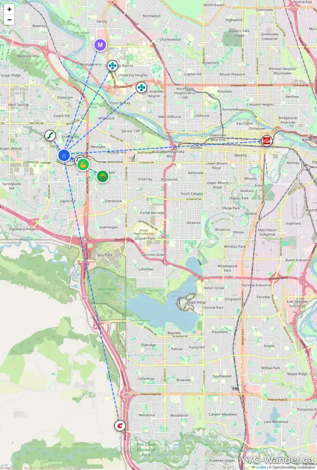 Daily accessibility map for 34 CHRISTIE ESTATE TC SW, Calgary showing nearby schools, grocery stores, parks, LRT stations and nearby amenities