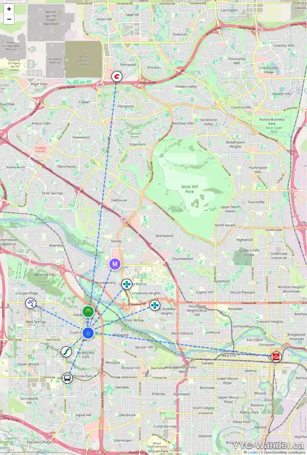 Daily accessibility map for 71 COACH MANOR RI SW, Calgary showing nearby schools, grocery stores, parks, LRT stations and nearby amenities
