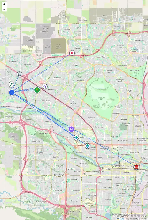 Daily accessibility map for 10 TUSCANY GLEN WY NW, Calgary showing nearby schools, grocery stores, parks, LRT stations and nearby amenities