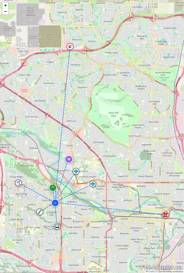 Daily accessibility map for 51 COACH GATE WY SW, Calgary showing nearby schools, grocery stores, parks, LRT stations and nearby amenities