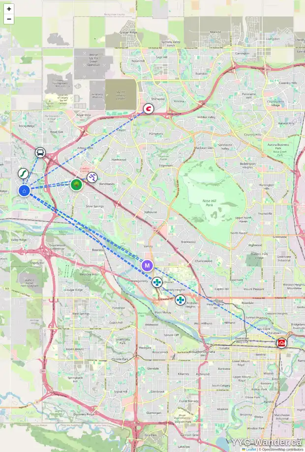 Daily accessibility map for 13 TUSCANY GLEN WY NW, Calgary showing nearby schools, grocery stores, parks, LRT stations and nearby amenities