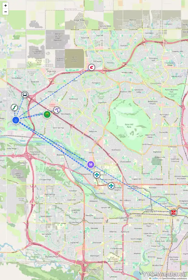 Daily accessibility map for 13 TUSCANY GLEN GA NW, Calgary showing nearby schools, grocery stores, parks, LRT stations and nearby amenities