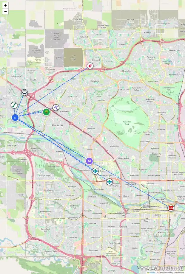Daily accessibility map for 21 TUSCANY GLEN GA NW, Calgary showing nearby schools, grocery stores, parks, LRT stations and nearby amenities