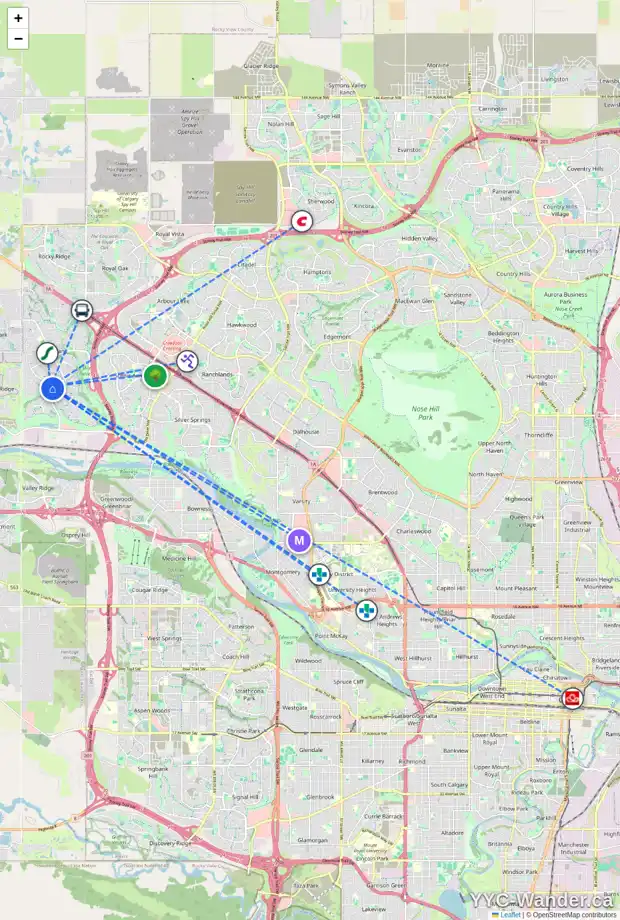 Daily accessibility map for 31 TUSCANY HL NW, Calgary showing nearby schools, grocery stores, parks, LRT stations and nearby amenities