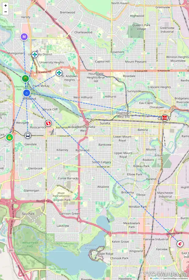 Daily accessibility map for 93 WOODLARK DR SW, Calgary showing nearby schools, grocery stores, parks, LRT stations and nearby amenities