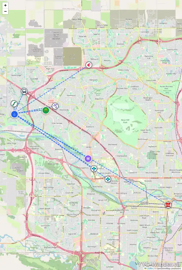 Daily accessibility map for 11 TUSCANY GLEN GR NW, Calgary showing nearby schools, grocery stores, parks, LRT stations and nearby amenities