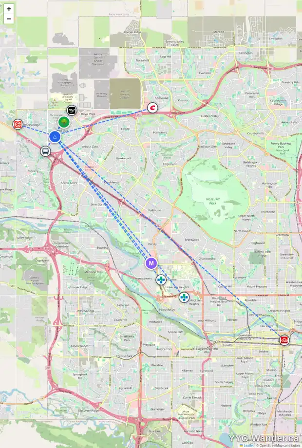 Daily accessibility map for 61 ROYAL ELM ME NW, Calgary showing nearby schools, grocery stores, parks, LRT stations and nearby amenities