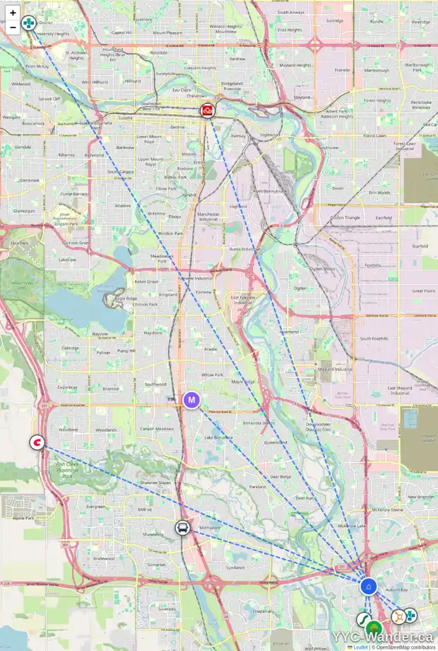 Daily accessibility map for 206 CRAMOND CI SE, Calgary showing nearby schools, grocery stores, parks, LRT stations and nearby amenities