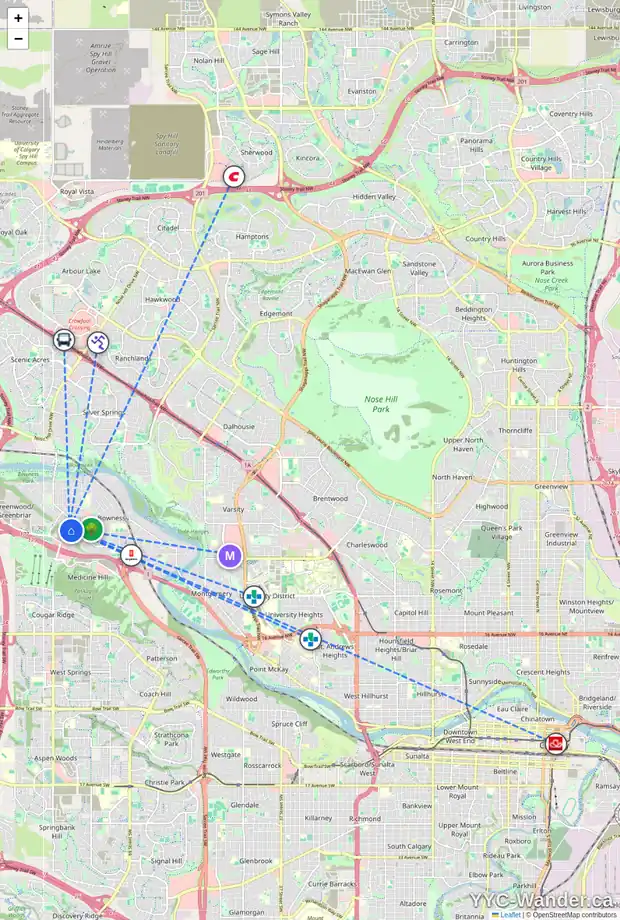 Daily accessibility map for 8116 33 AV NW, Calgary showing nearby schools, grocery stores, parks, LRT stations and nearby amenities