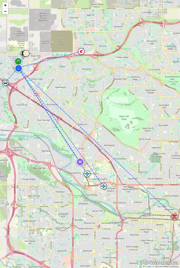 Daily accessibility map for 55 ROYAL BIRCH GR NW, Calgary showing nearby schools, grocery stores, parks, LRT stations and nearby amenities