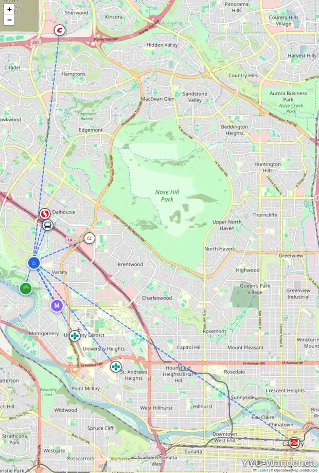 Daily accessibility map for 4535 VARSITY GR NW, Calgary showing nearby schools, grocery stores, parks, LRT stations and nearby amenities