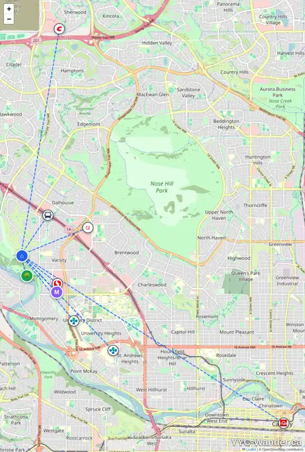 Daily accessibility map for 28 VARSITY PL NW, Calgary showing nearby schools, grocery stores, parks, LRT stations and nearby amenities