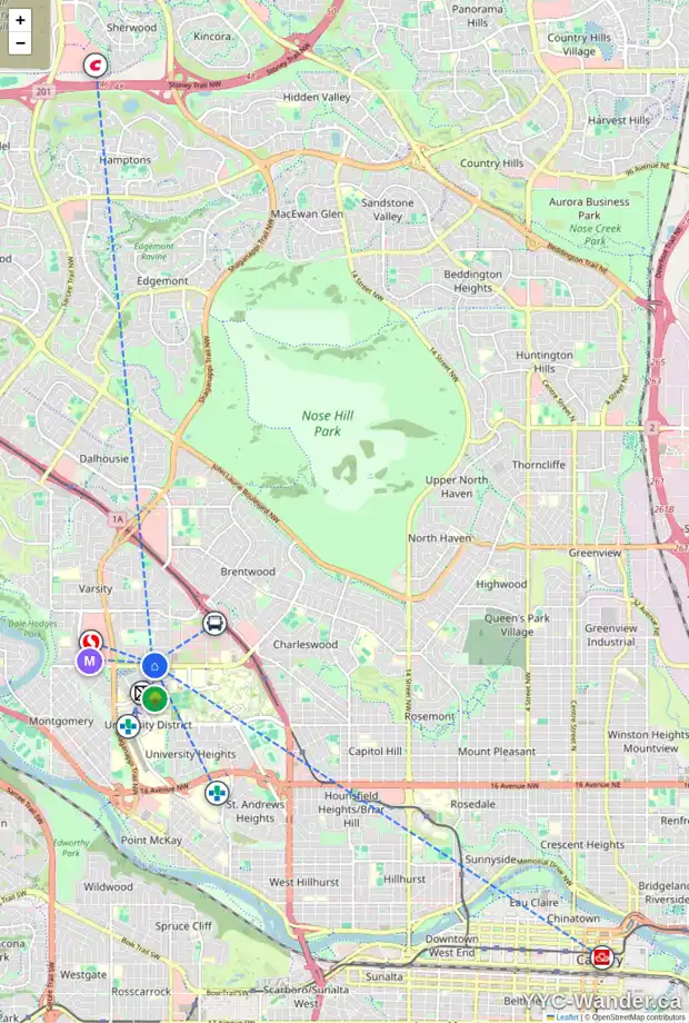 Daily accessibility map for 3919 VARMOOR RD NW, Calgary showing nearby schools, grocery stores, parks, LRT stations and nearby amenities