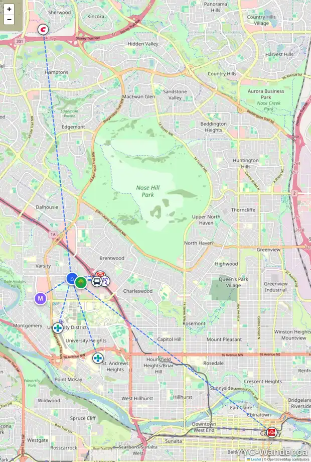 Daily accessibility map for 2 VARWOOD PL NW, Calgary showing nearby schools, grocery stores, parks, LRT stations and nearby amenities