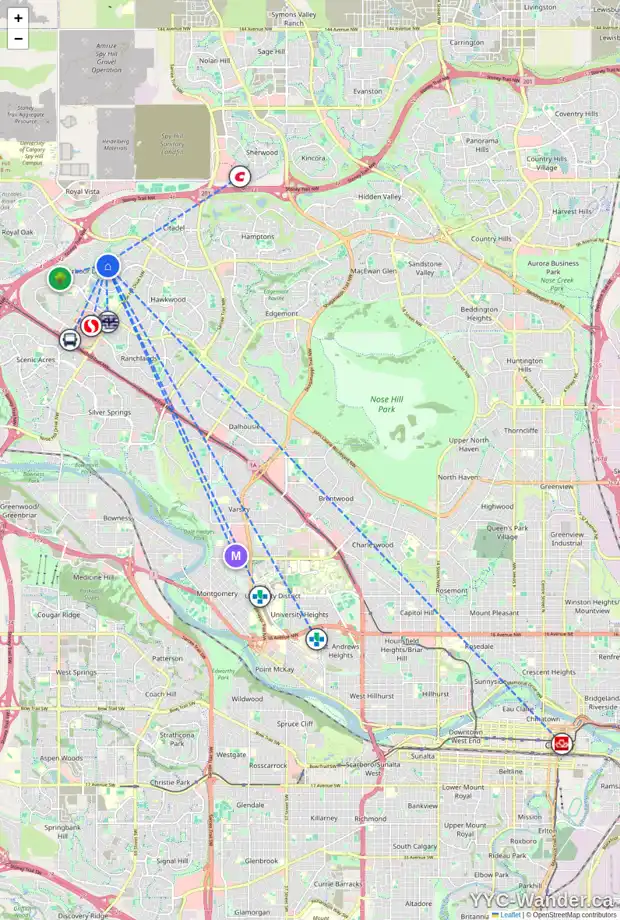 Daily accessibility map for 62 ARBOUR VISTA CL NW, Calgary showing nearby schools, grocery stores, parks, LRT stations and nearby amenities
