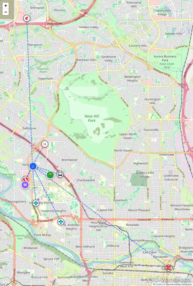 Daily accessibility map for 4505 VALIANT DR NW, Calgary showing nearby schools, grocery stores, parks, LRT stations and nearby amenities