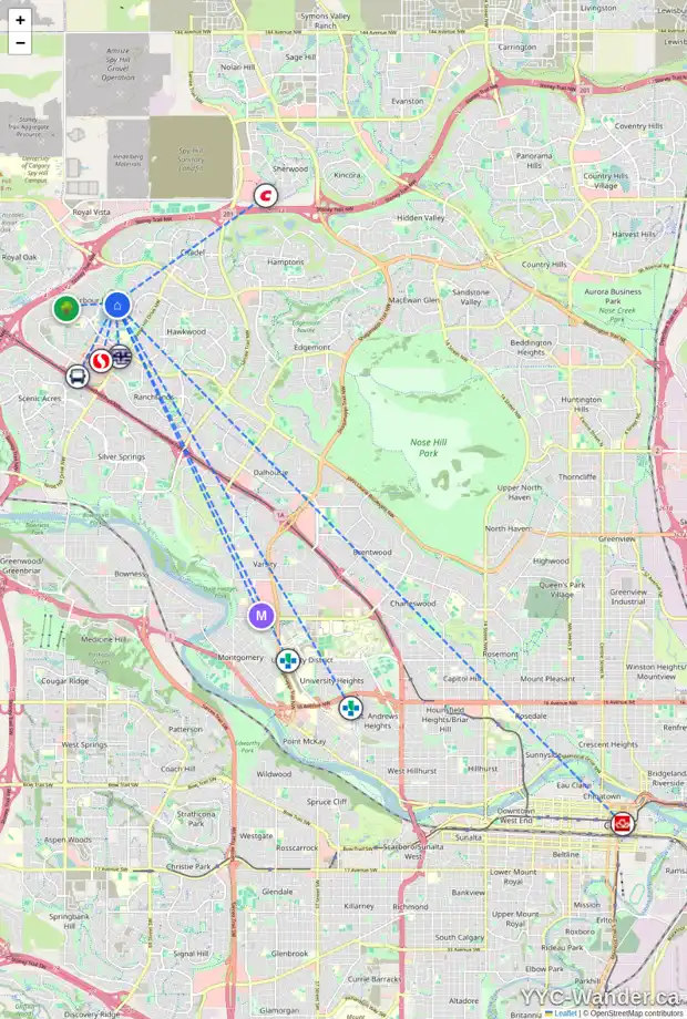 Daily accessibility map for 154 ARBOUR VISTA CL NW, Calgary showing nearby schools, grocery stores, parks, LRT stations and nearby amenities