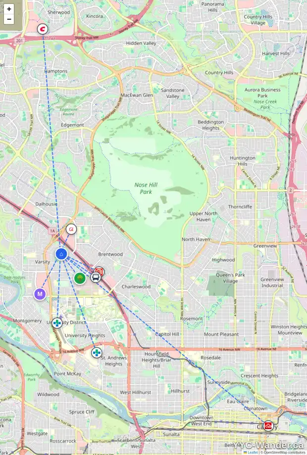 Daily accessibility map for 4547 VEGAS RD NW, Calgary showing nearby schools, grocery stores, parks, LRT stations and nearby amenities