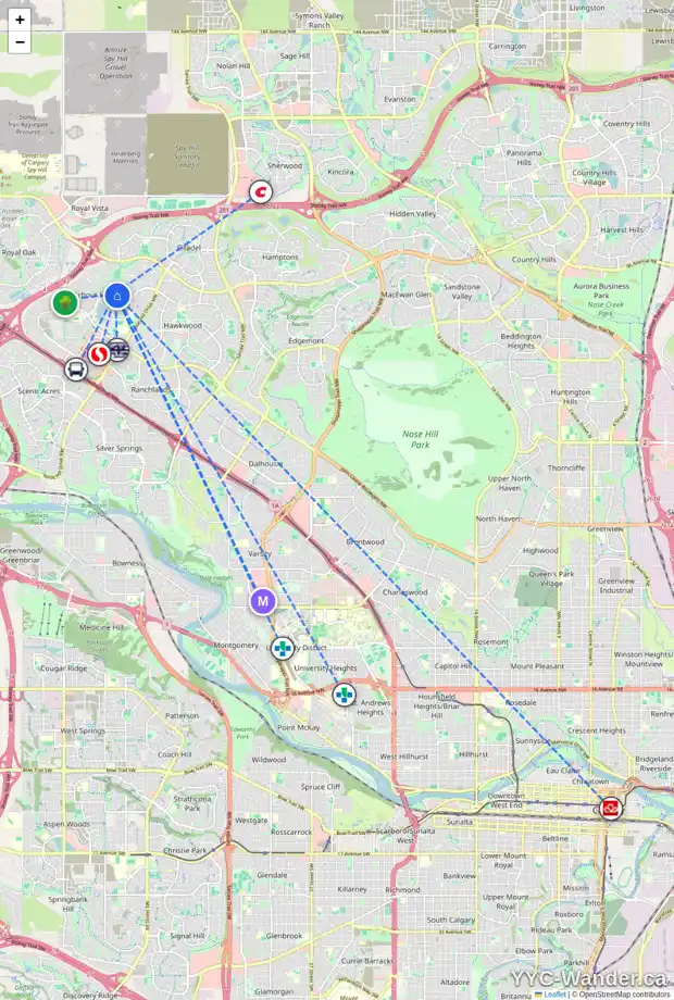 Daily accessibility map for 171 ARBOUR VISTA CL NW, Calgary showing nearby schools, grocery stores, parks, LRT stations and nearby amenities