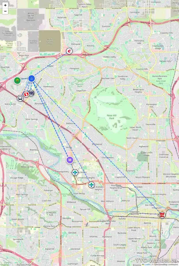 Daily accessibility map for 179 ARBOUR VISTA CL NW, Calgary showing nearby schools, grocery stores, parks, LRT stations and nearby amenities