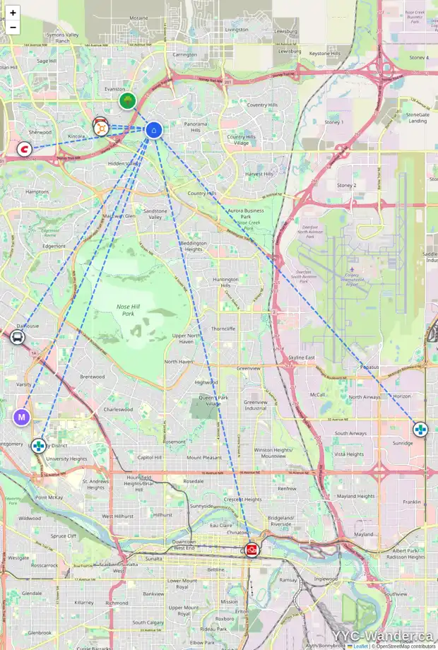 Daily accessibility map for 25 HIDDEN CREEK RI NW, Calgary showing nearby schools, grocery stores, parks, LRT stations and nearby amenities