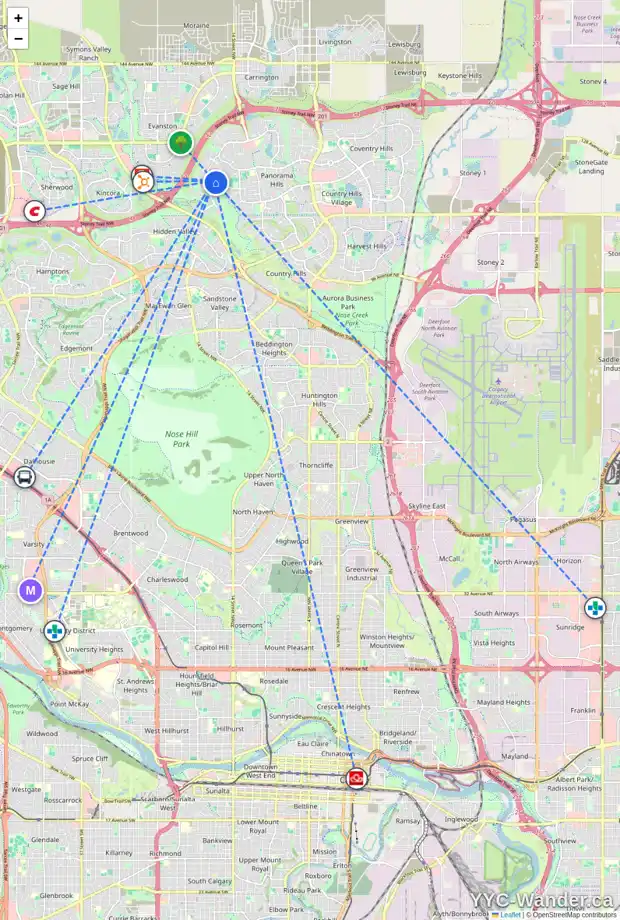 Daily accessibility map for 12 HIDDEN CREEK RI NW, Calgary showing nearby schools, grocery stores, parks, LRT stations and nearby amenities