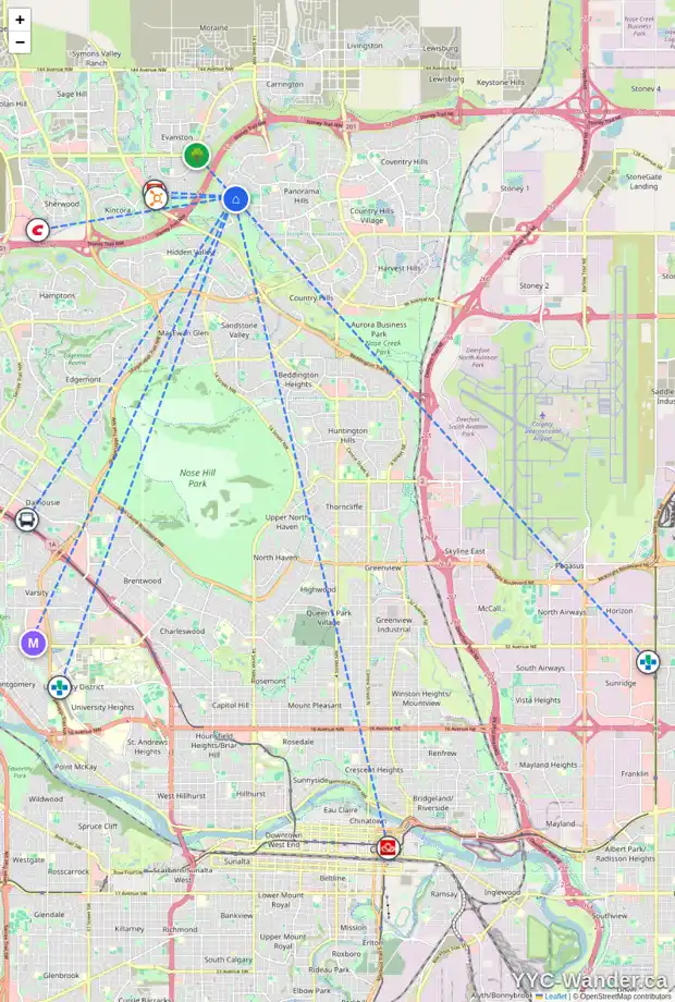Daily accessibility map for 18 HIDDEN CREEK RI NW, Calgary showing nearby schools, grocery stores, parks, LRT stations and nearby amenities