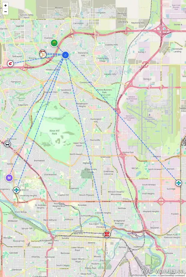 Daily accessibility map for 26 HIDDEN CREEK RI NW, Calgary showing nearby schools, grocery stores, parks, LRT stations and nearby amenities