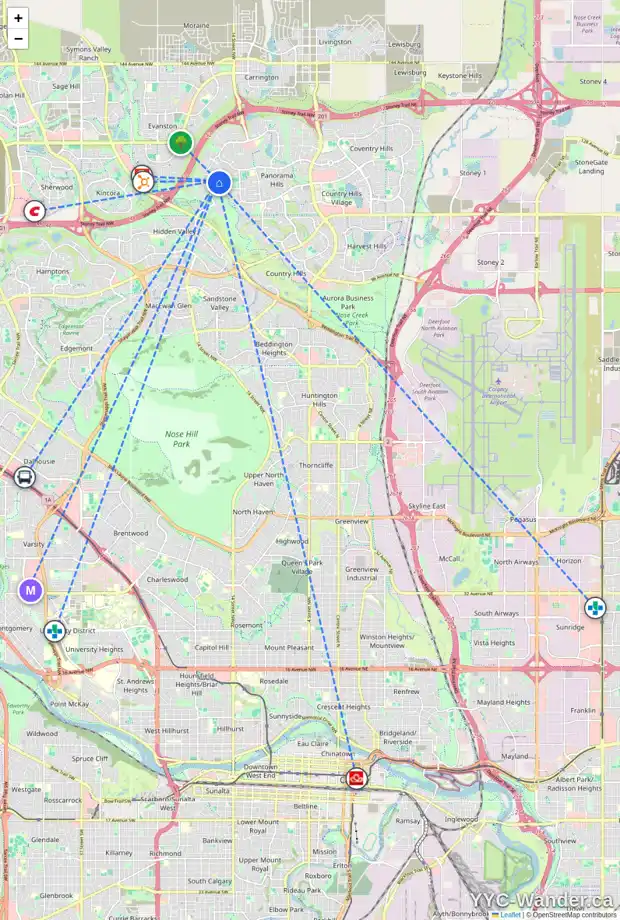 Daily accessibility map for 42 HIDDEN CREEK RI NW, Calgary showing nearby schools, grocery stores, parks, LRT stations and nearby amenities