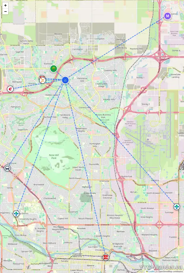 Daily accessibility map for 104 HIDDEN CREEK RI NW, Calgary showing nearby schools, grocery stores, parks, LRT stations and nearby amenities