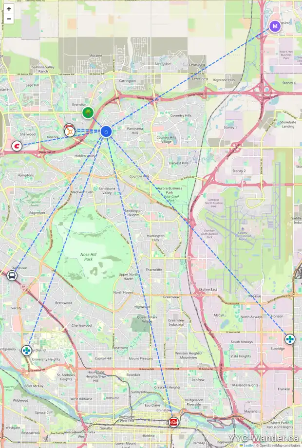 Daily accessibility map for 116 HIDDEN CREEK RI NW, Calgary showing nearby schools, grocery stores, parks, LRT stations and nearby amenities