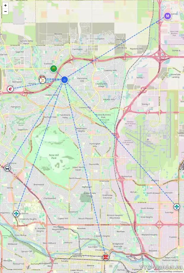 Daily accessibility map for 125 HIDDEN CREEK RI NW, Calgary showing nearby schools, grocery stores, parks, LRT stations and nearby amenities
