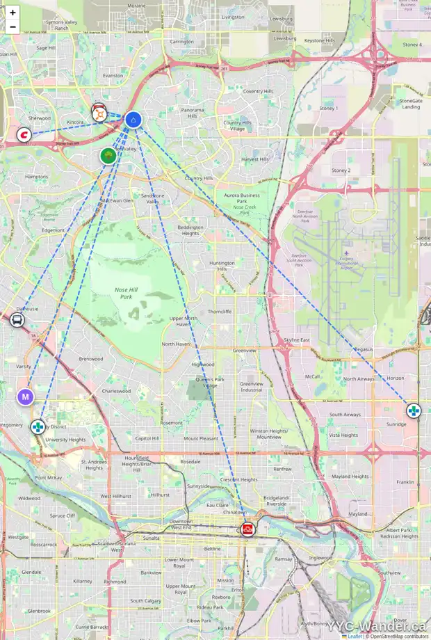 Daily accessibility map for 118 HIDDEN CREEK RD NW, Calgary showing nearby schools, grocery stores, parks, LRT stations and nearby amenities