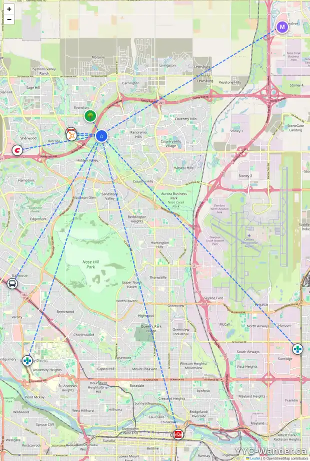 Daily accessibility map for 197 HIDDEN CREEK RD NW, Calgary showing nearby schools, grocery stores, parks, LRT stations and nearby amenities