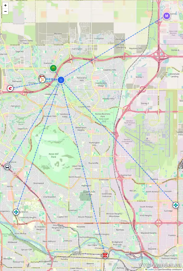 Daily accessibility map for 221 HIDDEN CREEK RD NW, Calgary showing nearby schools, grocery stores, parks, LRT stations and nearby amenities