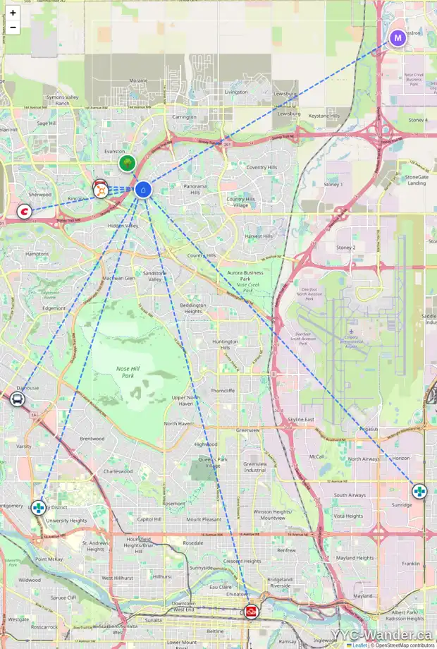 Daily accessibility map for 204 HIDDEN CREEK RD NW, Calgary showing nearby schools, grocery stores, parks, LRT stations and nearby amenities