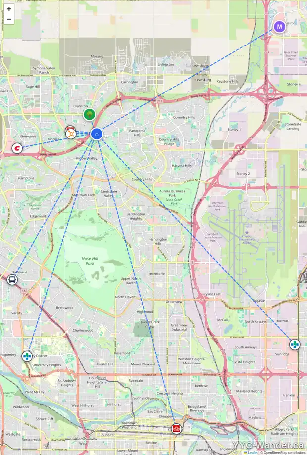 Daily accessibility map for 14 HIDDEN CREEK MR NW, Calgary showing nearby schools, grocery stores, parks, LRT stations and nearby amenities