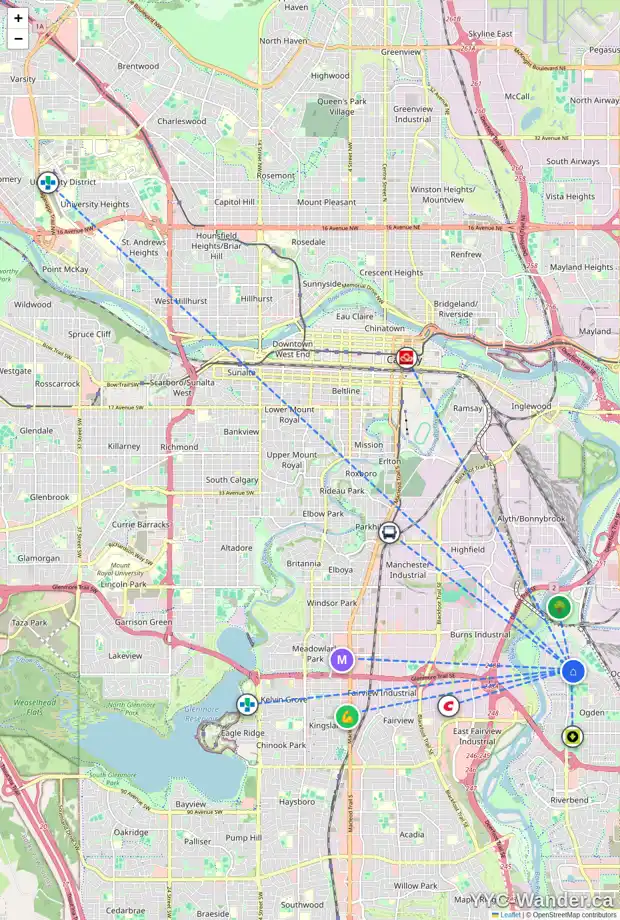 Daily accessibility map for 6612 18A ST SE, Calgary showing nearby schools, grocery stores, parks, LRT stations and nearby amenities
