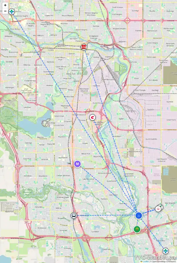 Daily accessibility map for 19 MOUNTAIN PARK CI SE, Calgary showing nearby schools, grocery stores, parks, LRT stations and nearby amenities