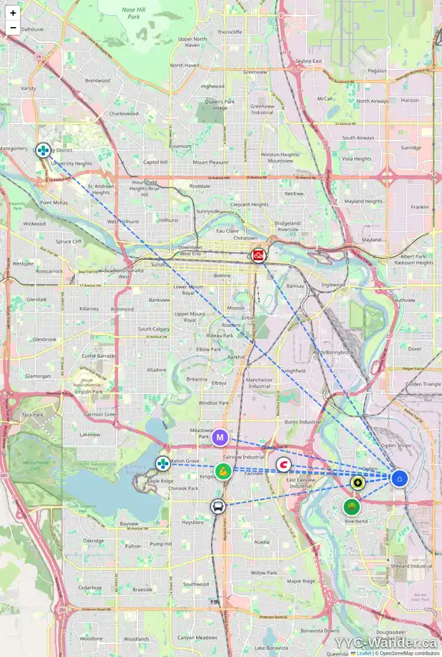 Daily accessibility map for 7424 26A ST SE, Calgary showing nearby schools, grocery stores, parks, LRT stations and nearby amenities