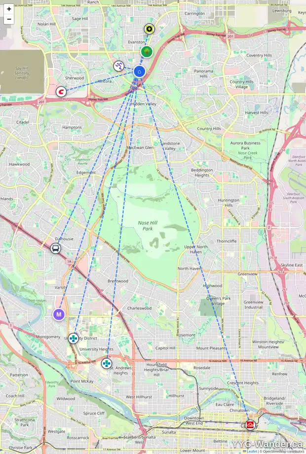 Daily accessibility map for 70 EVANSMEADE MR NW, Calgary showing nearby schools, grocery stores, parks, LRT stations and nearby amenities