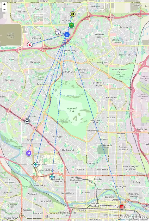 Daily accessibility map for 266 EVANSMEADE CI NW, Calgary showing nearby schools, grocery stores, parks, LRT stations and nearby amenities