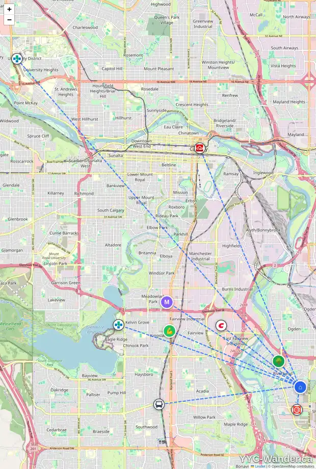 Daily accessibility map for 54 RIVER ROCK GR SE, Calgary showing nearby schools, grocery stores, parks, LRT stations and nearby amenities