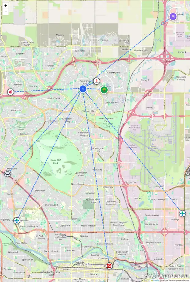 Daily accessibility map for 490 PANAMOUNT BV NW, Calgary showing nearby schools, grocery stores, parks, LRT stations and nearby amenities