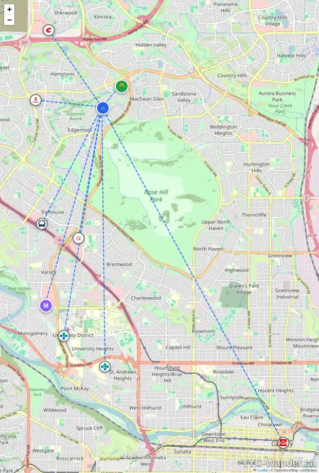 Daily accessibility map for 12 EDGEBROOK RI NW, Calgary showing nearby schools, grocery stores, parks, LRT stations and nearby amenities