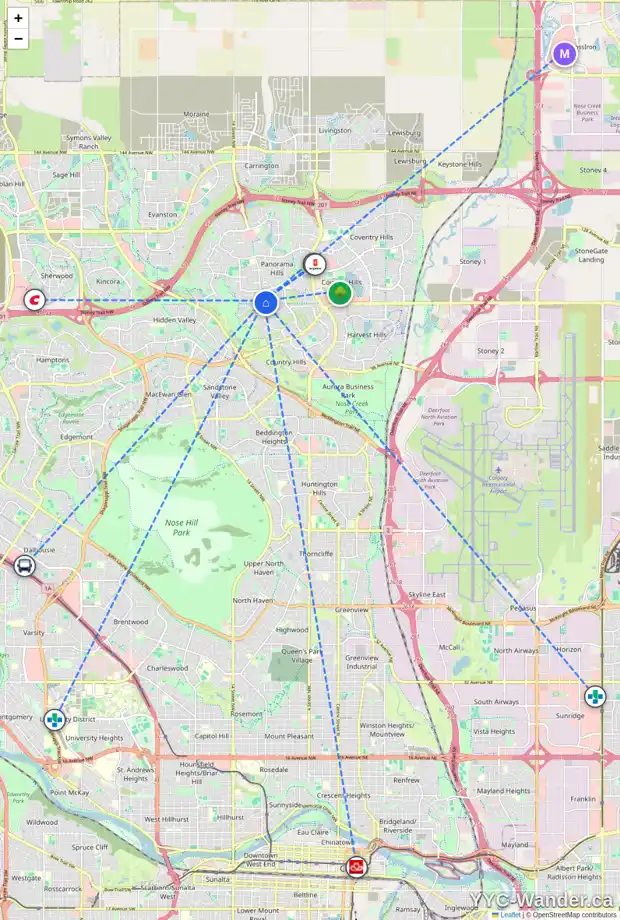 Daily accessibility map for 1046 PANORAMA HILLS DR NW, Calgary showing nearby schools, grocery stores, parks, LRT stations and nearby amenities