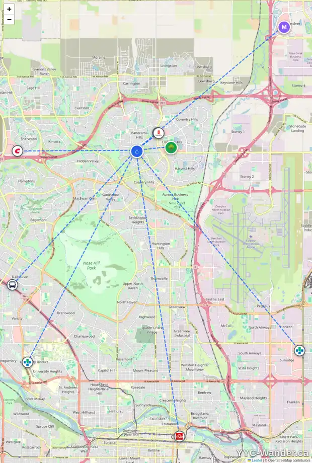 Daily accessibility map for 145 PANAMOUNT GV NW, Calgary showing nearby schools, grocery stores, parks, LRT stations and nearby amenities