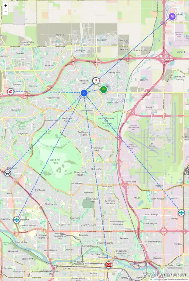 Daily accessibility map for 79 PANAMOUNT GD NW, Calgary showing nearby schools, grocery stores, parks, LRT stations and nearby amenities